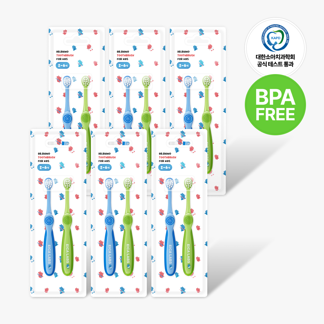 BPA FREE 에이카랩스 어린이 유아 칫솔 코뿔소 A타입(파랑,연두) 2개입, 6개