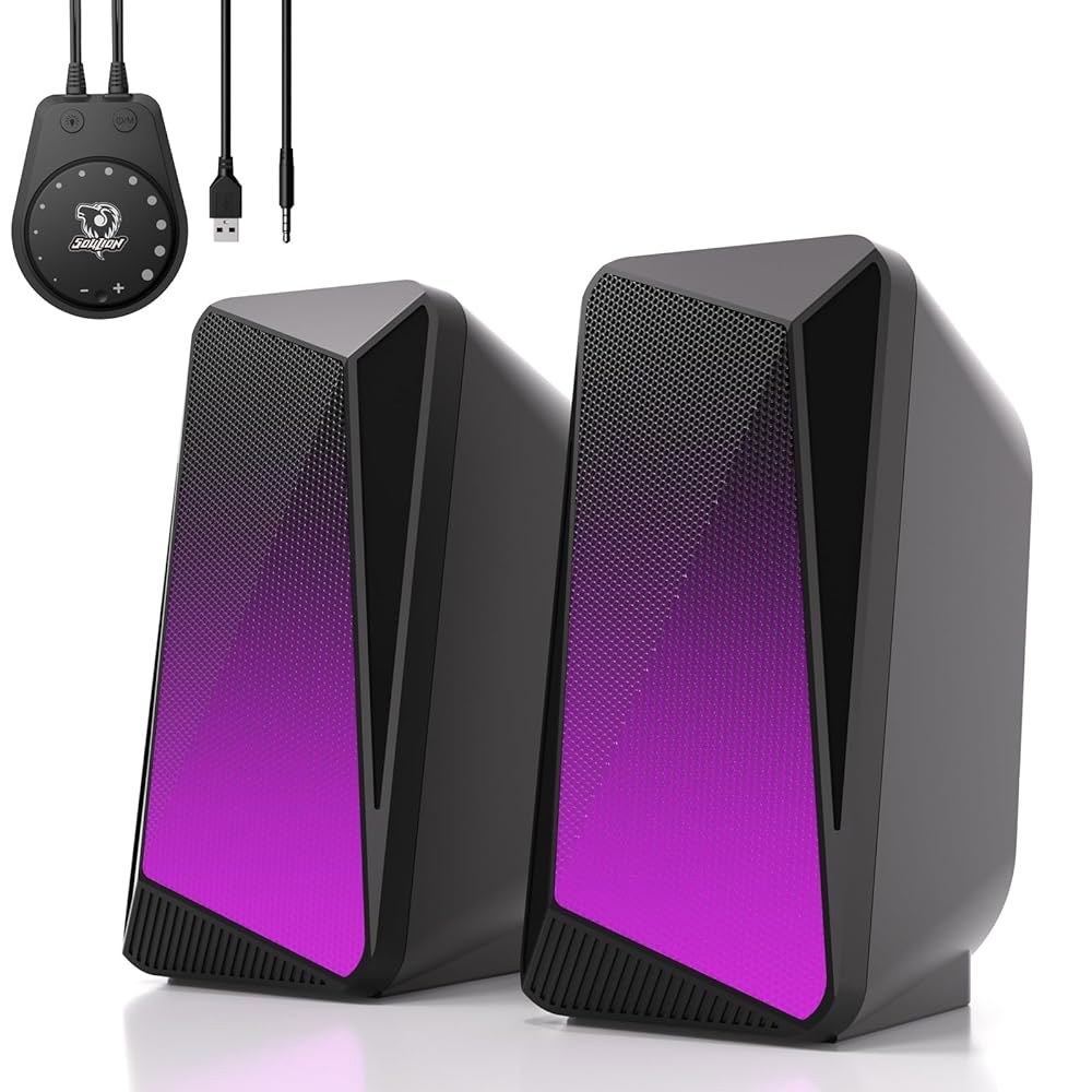 SOULION C30 컴퓨터 스피커, 데스크탑 모니터용 USB 전원 및 3.5mm AUX 블루투스 LED 불꽃 조명 간편한 제어 포드, 노트북 태블릿 폰용 게이밍 스피커 - 블랙 - 상품 이미지