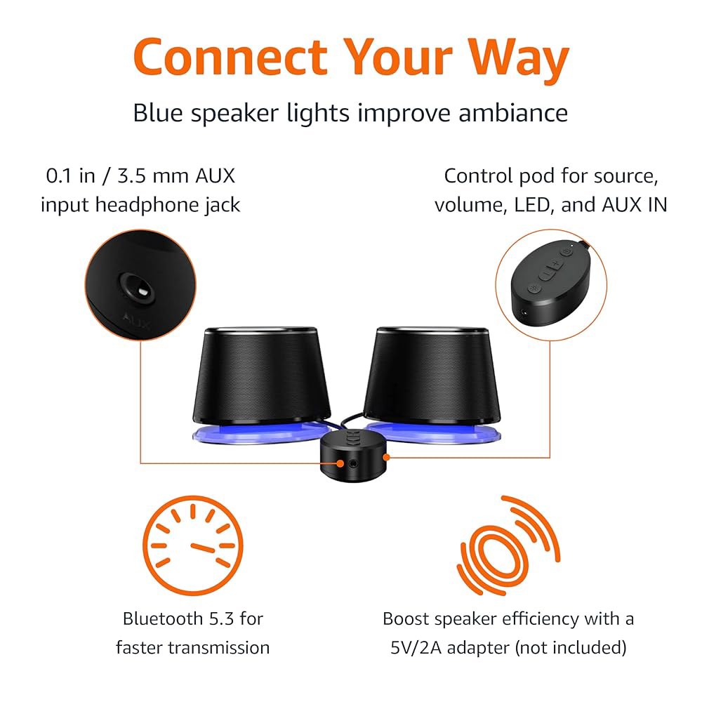 USB 3.0, LED 블루 조명, 볼륨 조절, 전원 공급, 2개 세트가 포함된 아마존 베이직 블루투스 컴퓨터 스피커 - 상세 이미지 2
