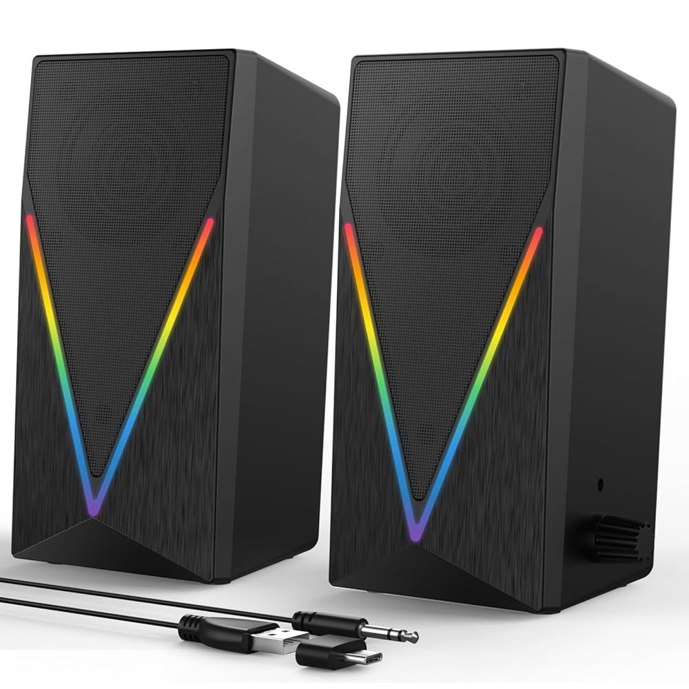 컴퓨터 스피커, 6가지 컬러 RGB 조명이 장착된 데스크톱 PC 헤드폰 잭, 향상된 저음 및 볼륨 조절, USB 전원 3.5mm 보조 게이밍 노트북 모니터 태블릿 폰용 - 상품 이미지