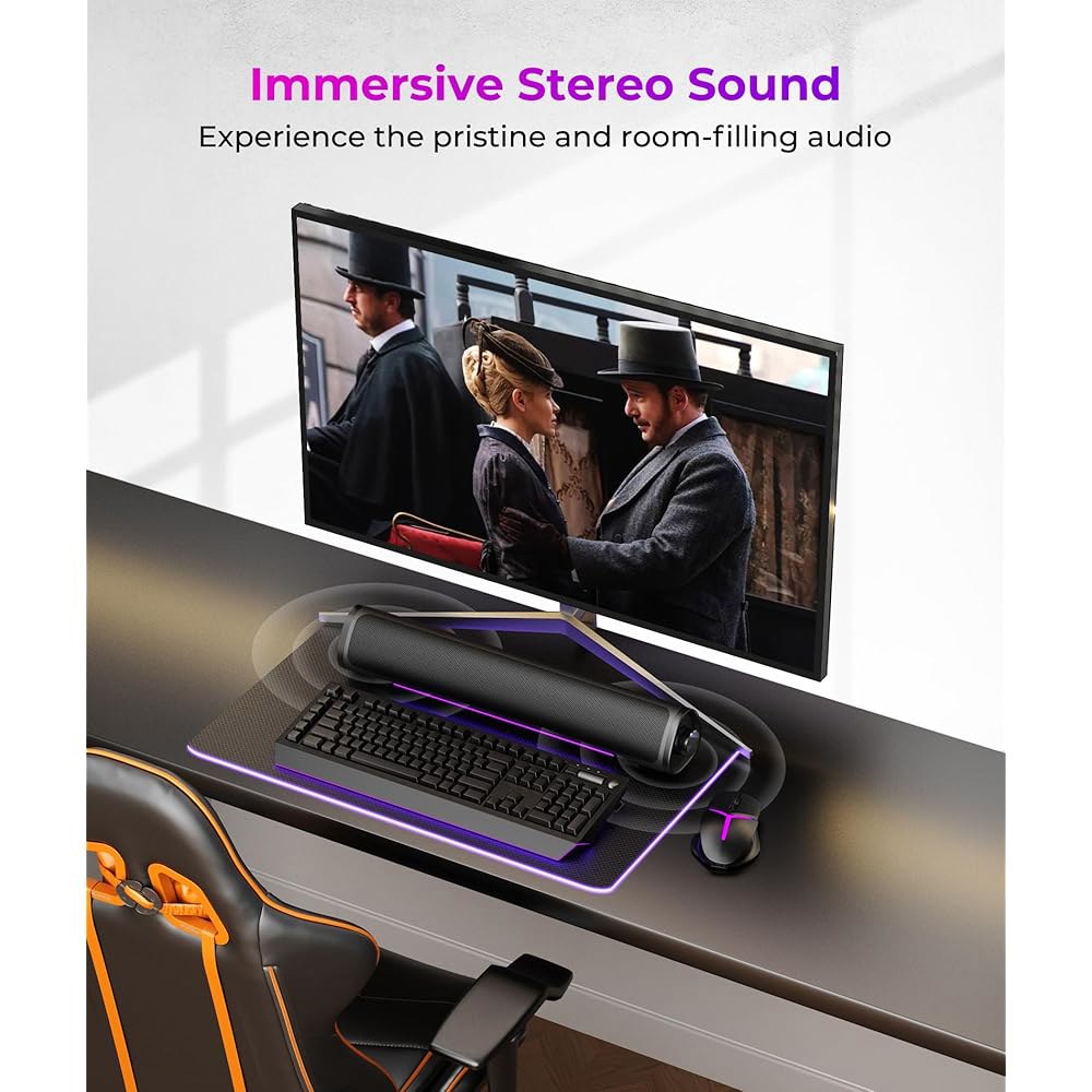 데스크톱 PC, 게이밍 PC 사운드 바, 플러그 앤 플레이를 위한 Auphyra 컴퓨터 스피커 - 3.5mm 오디오, RGB 그라디언트 조명, 원노브 컨트롤을 갖춘 USB 전원, - 상세 이미지 2