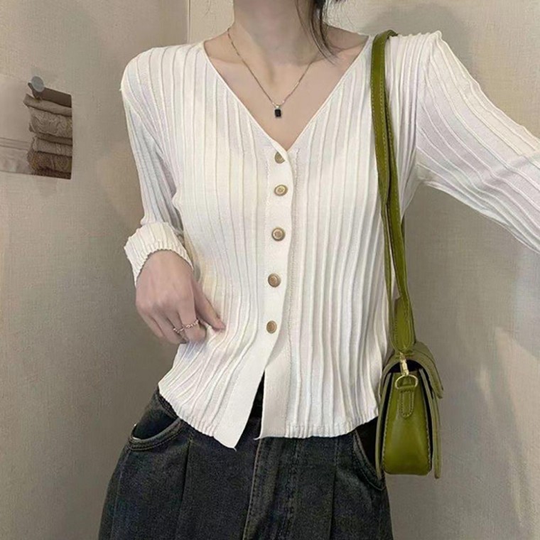 여성 골지 슬림 긴팔 가디건 브이넥 봄 가을 간절기 필수템 - 메인 이미지