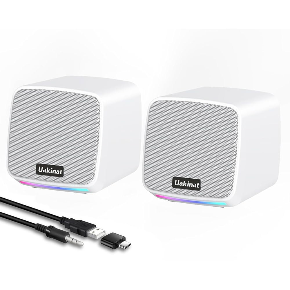 Uakinat 컴퓨터 스피커, 데스크톱 PC용 PC, 노트북, 태블릿, 휴대폰용 USB 전원 3.5mm 보조 스피커(화이트) White - 상품 이미지