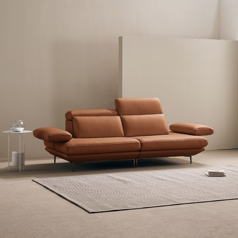 쉐우드가구 모담 이태리 천연통가죽 팔걸이 스윙 소파 카멜브라운, 3인용