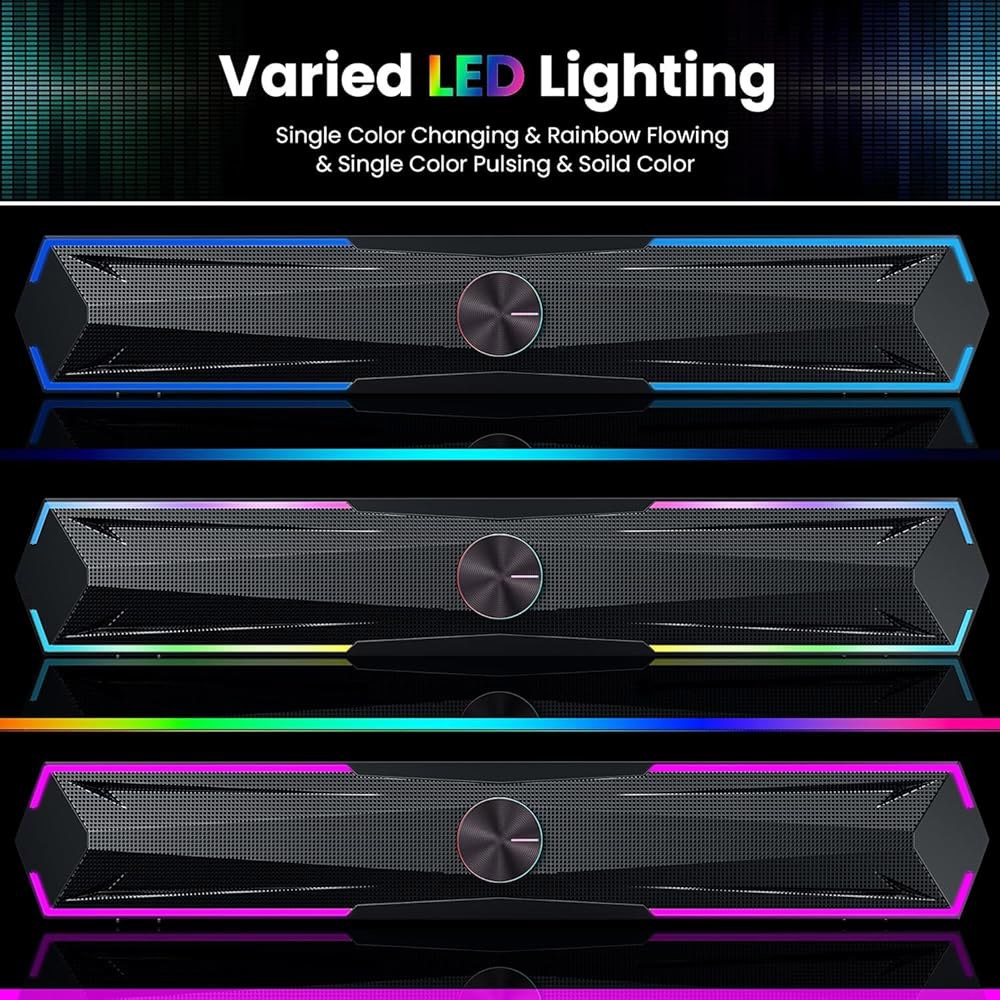 타이루비오 PC 스피커 컴퓨터 사운드 바, 스테레오 사운드, 흐르는 LED 및 푸시 버튼 제어 스피커, 데스크톱 노트북 모니터, USB 입력 - 상세 이미지 3