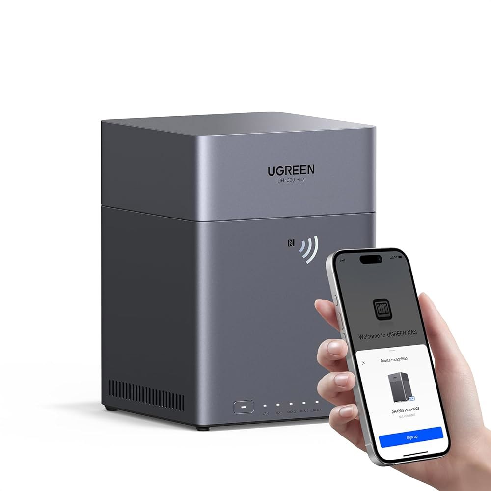 UGREEN NAS DH4300 플러스 4-Bay 데스크톱 NASync, 지원 용량 120TB, 원격 액세스, AI 사진 앨범, 초보자 친화적 시스템, 8GB LPDDR4X RAM - 상품 이미지