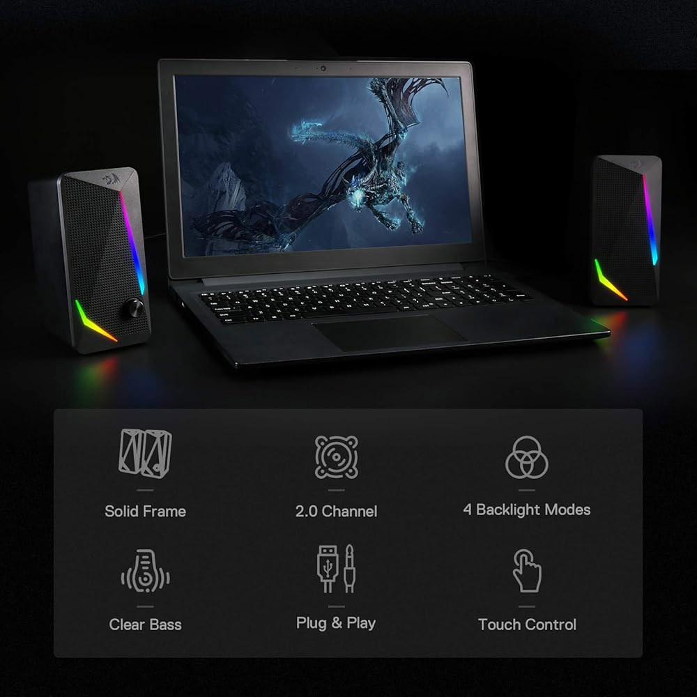 레드라곤 GS510 RGB 데스크탑 스피커, 4가지 컬러 LED 백라이트 모드를 갖춘 2.0채널 PC 컴퓨터 향상된 베이스 및 간편한 볼륨 조절, USB 전원 케이블 / 3.5mm - 상세 이미지 3