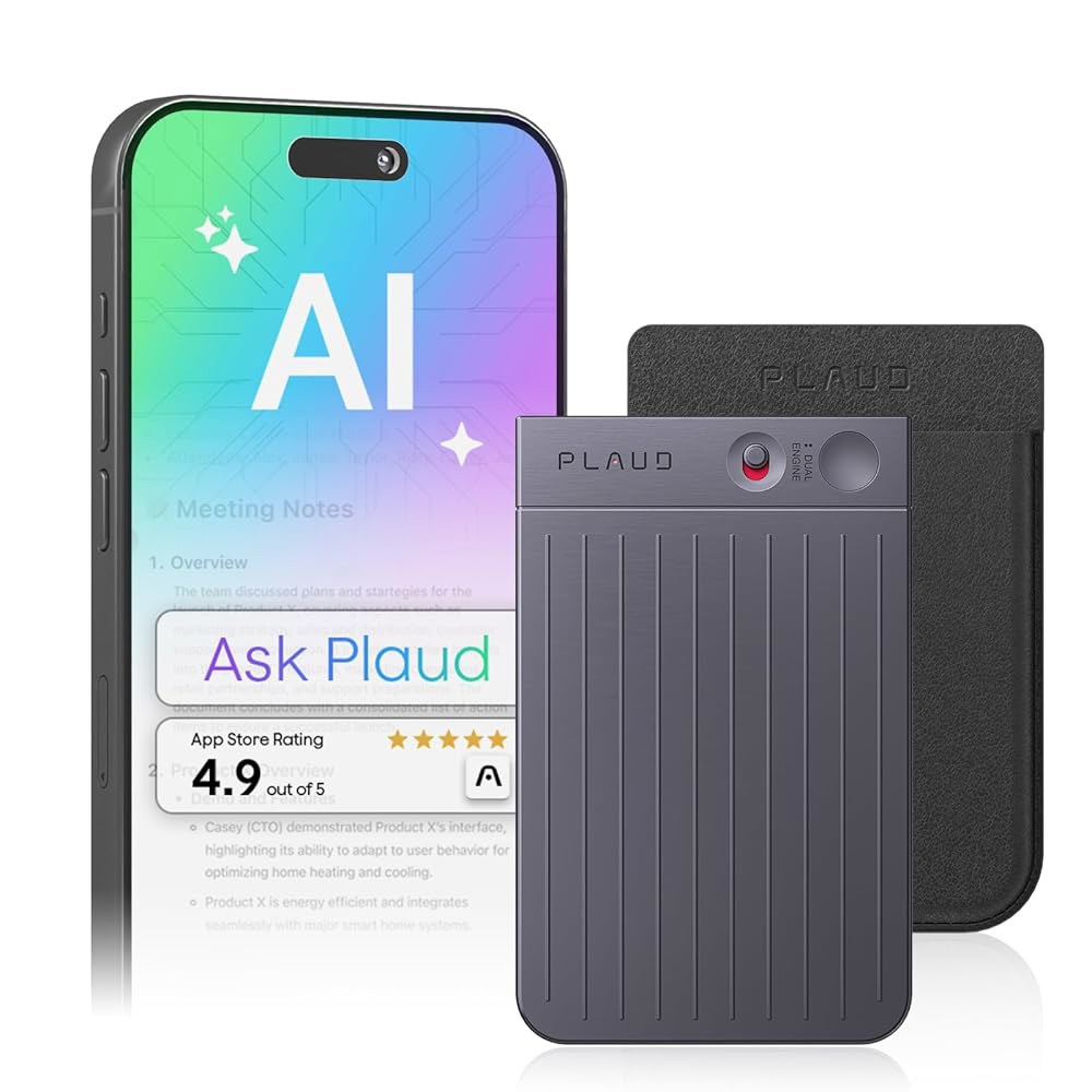 Plaud Note AI 음성 녹음기, 녹음기 w /Case, 앱 제어, 기술로 전사 및 요약, 112개 언어 지원, 64GB 메모리, 강의, 회의, 통화를 위한 오디오 블랙 - 상품 이미지