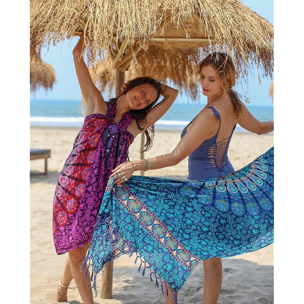 Boho Chic Pareo - 만다라 파레오 커버업 랩, 비치 수영복 공작새 비키니 핑크 드레스 Mandalagreen - 상세 이미지 3