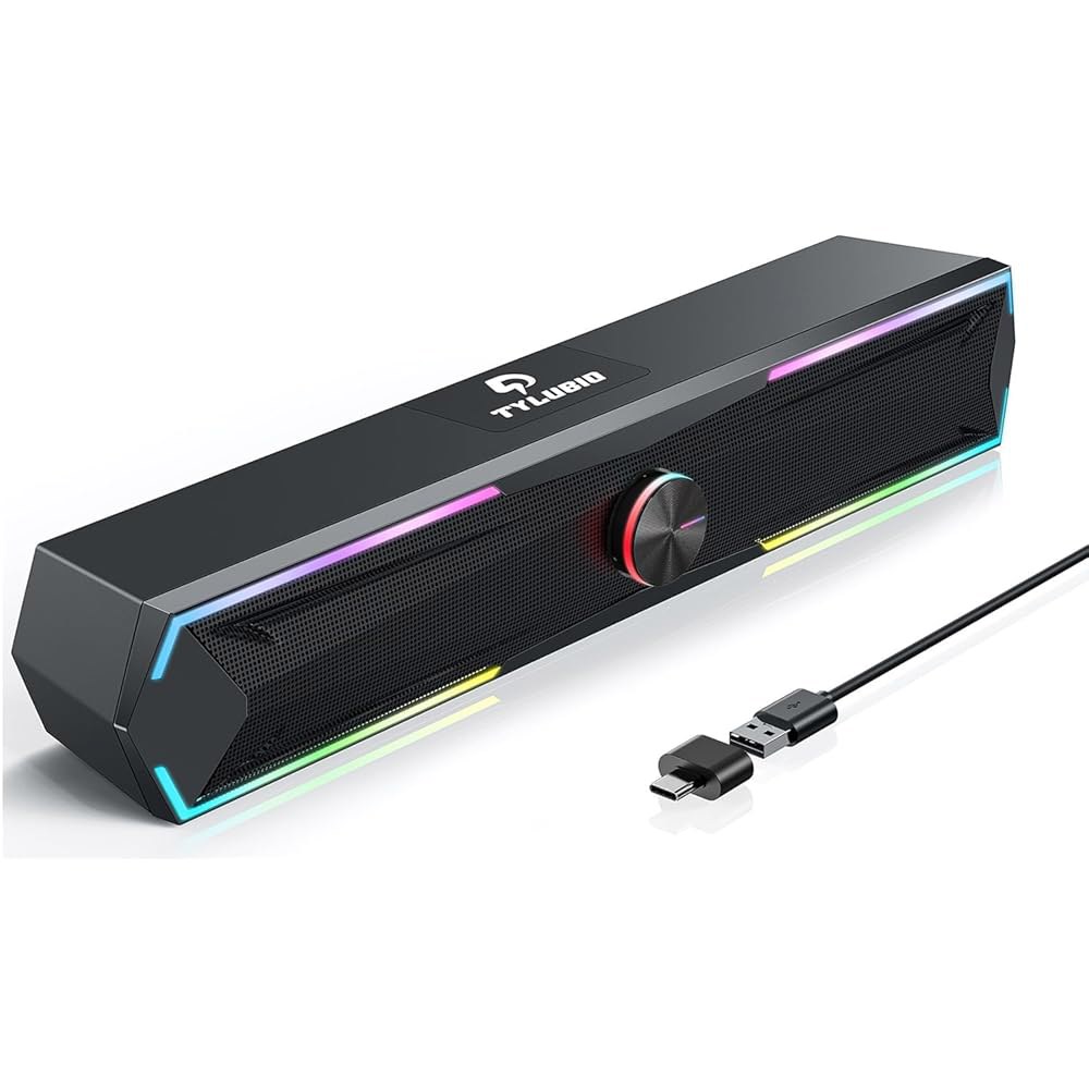 타이루비오 PC 스피커 컴퓨터 사운드 바, 스테레오 사운드, 흐르는 LED 및 푸시 버튼 제어 스피커, 데스크톱 노트북 모니터, USB 입력 - 상품 이미지