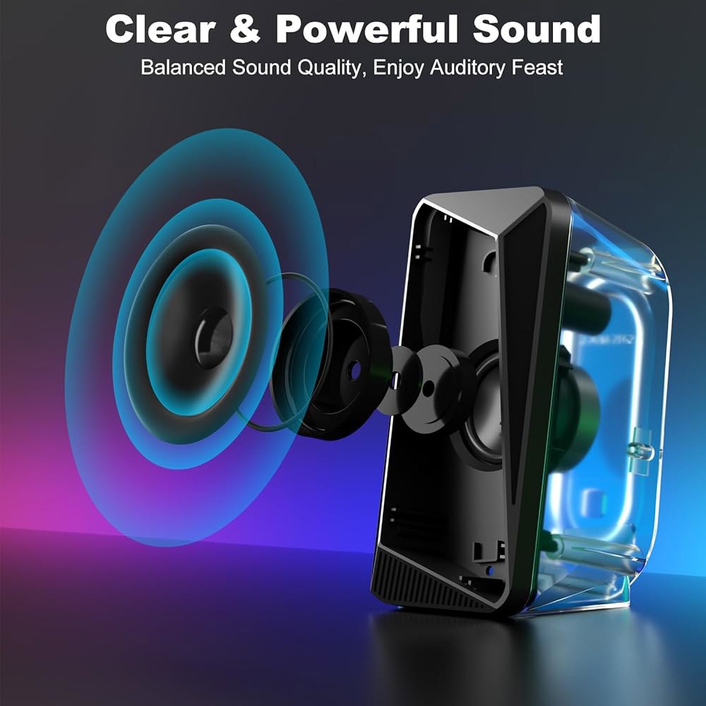 SOULION C30 컴퓨터 스피커, 데스크탑 모니터용 USB 전원 및 3.5mm AUX 블루투스 LED 불꽃 조명 간편한 제어 포드, 노트북 태블릿 폰용 게이밍 스피커 - 블랙 - 상세 이미지 2