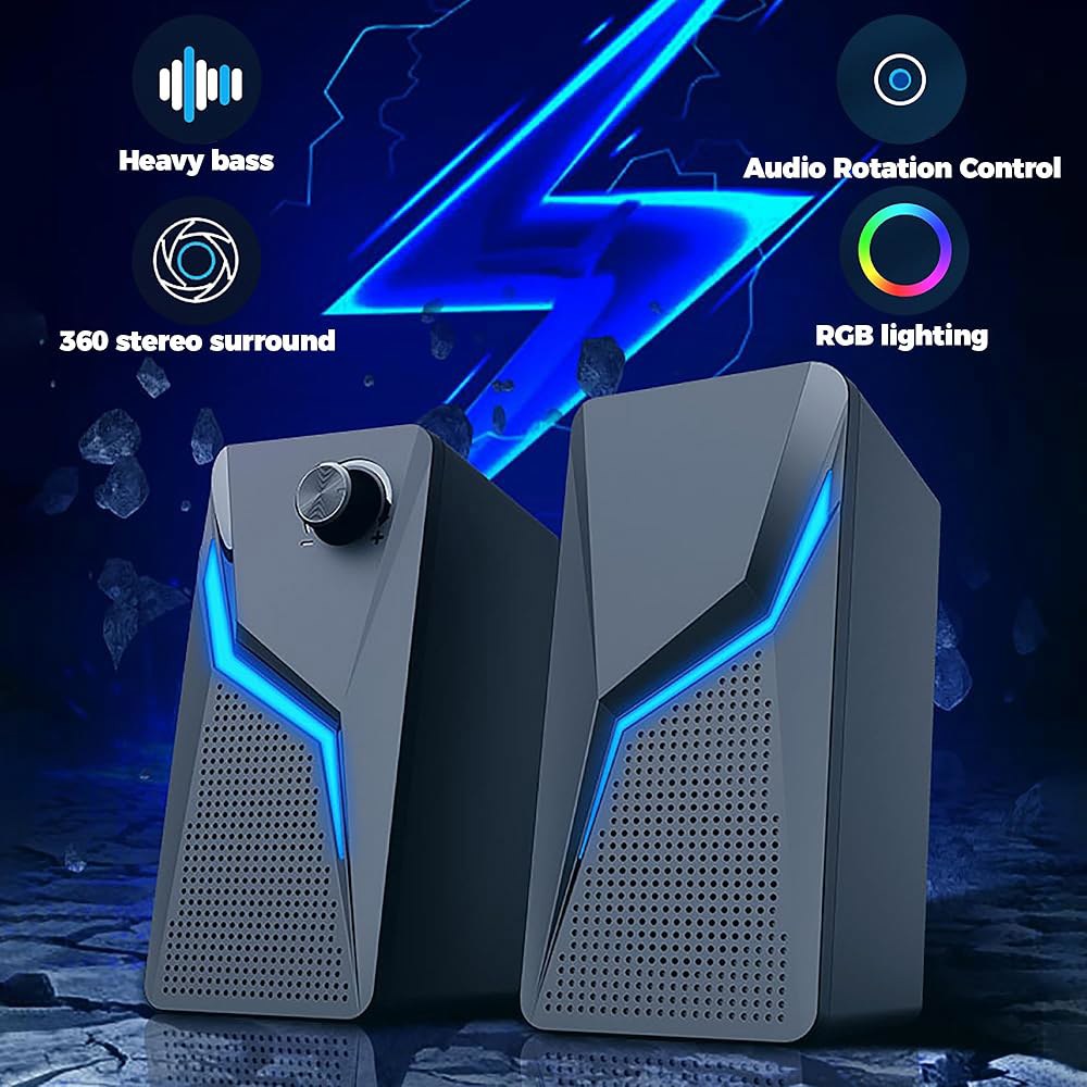 ROSON 컴퓨터 스피커, 향상된 저음 및 볼륨 조절 기능을 갖춘 PC 게이밍 스테레오 2.0 USB 전원 3.5mm 보조 멀티미디어 노트북/데스크탑/태블릿/폰용 - 상세 이미지 2