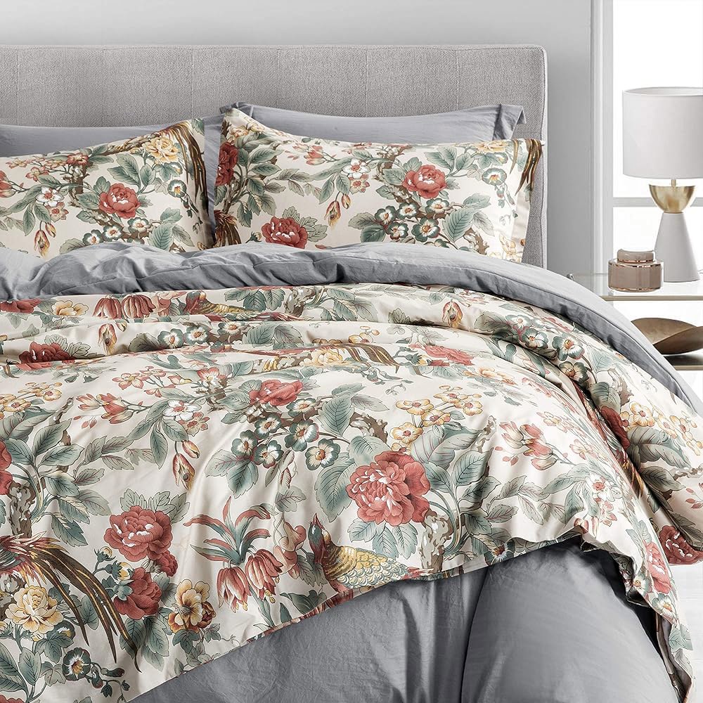 Eikei Home Chinoiserie 시크 공작 이불 파라다이스 보태니컬 (퀸, 면 꽃무늬 가든 가을 침구 빈티지 레드) 새와 세트 나뭇가지 스테이플 커버 스타일 - 상품 이미지