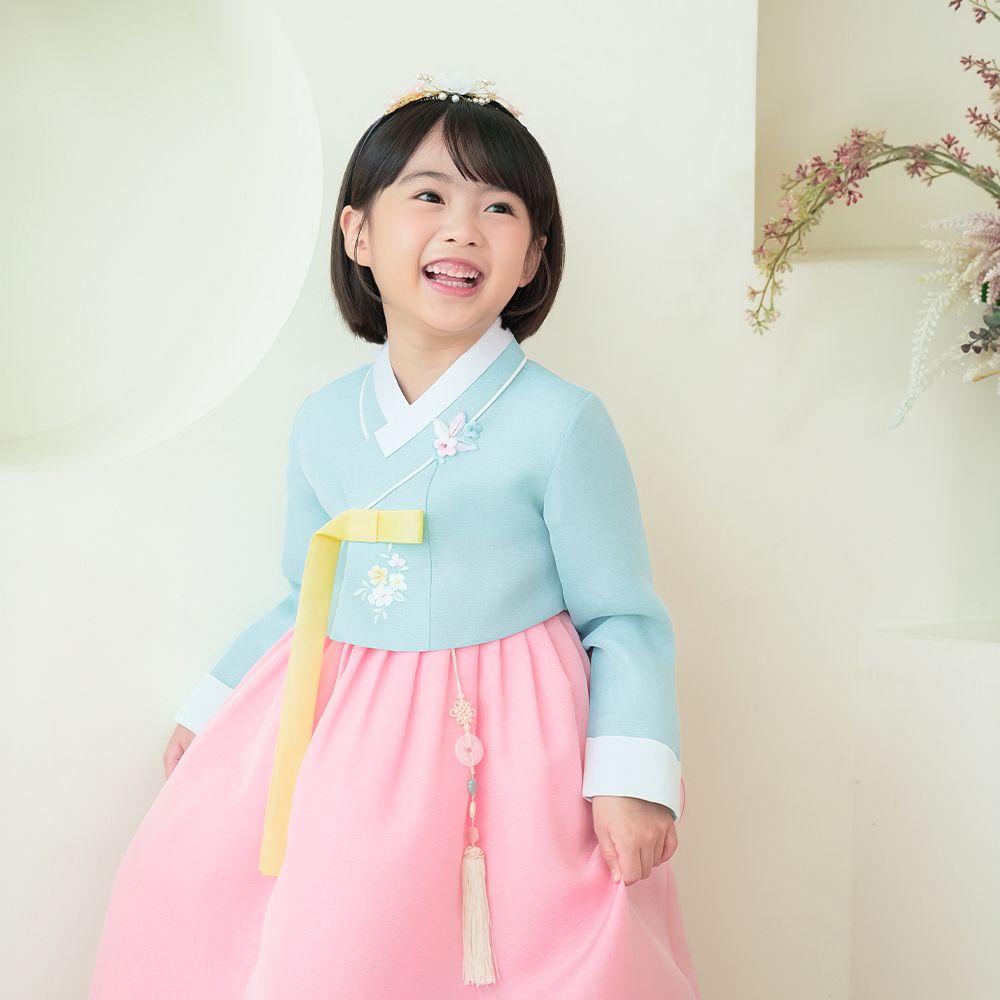 한예빔 HB70005 소라승아 여아 아동 한복 드레스 어린이집 설날 추석빔 스카이블루 저고리 - 상품 이미지