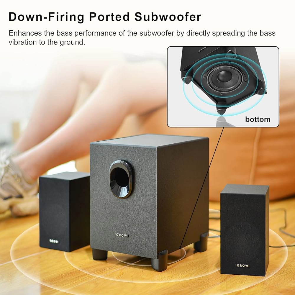 OROW S211 새로운 USB 구동 2.1 멀티미디어 스피커 시스템, 서브우퍼, 16W 컴퓨터 스피커, 강력한 베이스, 3.5mm 오디오 입력, PC / PS4 TV (목재)에 - 상세 이미지 3