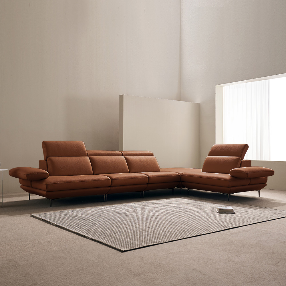 쉐우드가구 모담 이태리 천연통가죽 팔걸이 스윙 소파 카멜브라운, 코너형 8인용