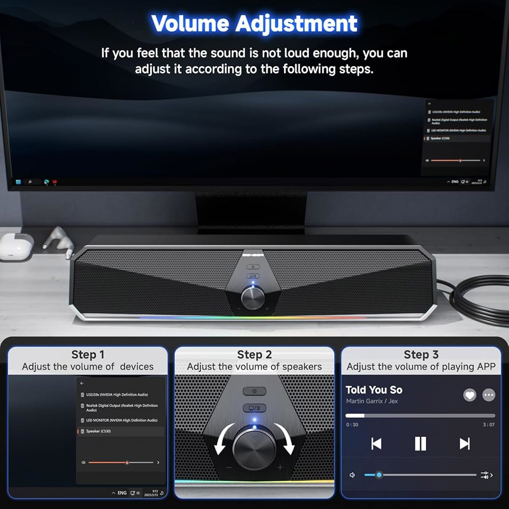 데스크톱용 SENZER CS30 블루투스 컴퓨터 스피커, USB 플러그 앤 플레이 PC 동적 LED 조명, 데스크톱 노트북 모니터용 스테레오 사운드 바(USB-C 어댑터 포함) - 상세 이미지 3