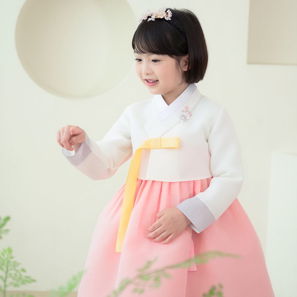 한예빔 HB70002 분홍아리 여아 아동 한복 드레스 어린이집 설날 추석빔 화이트 저고리 - 상품 이미지