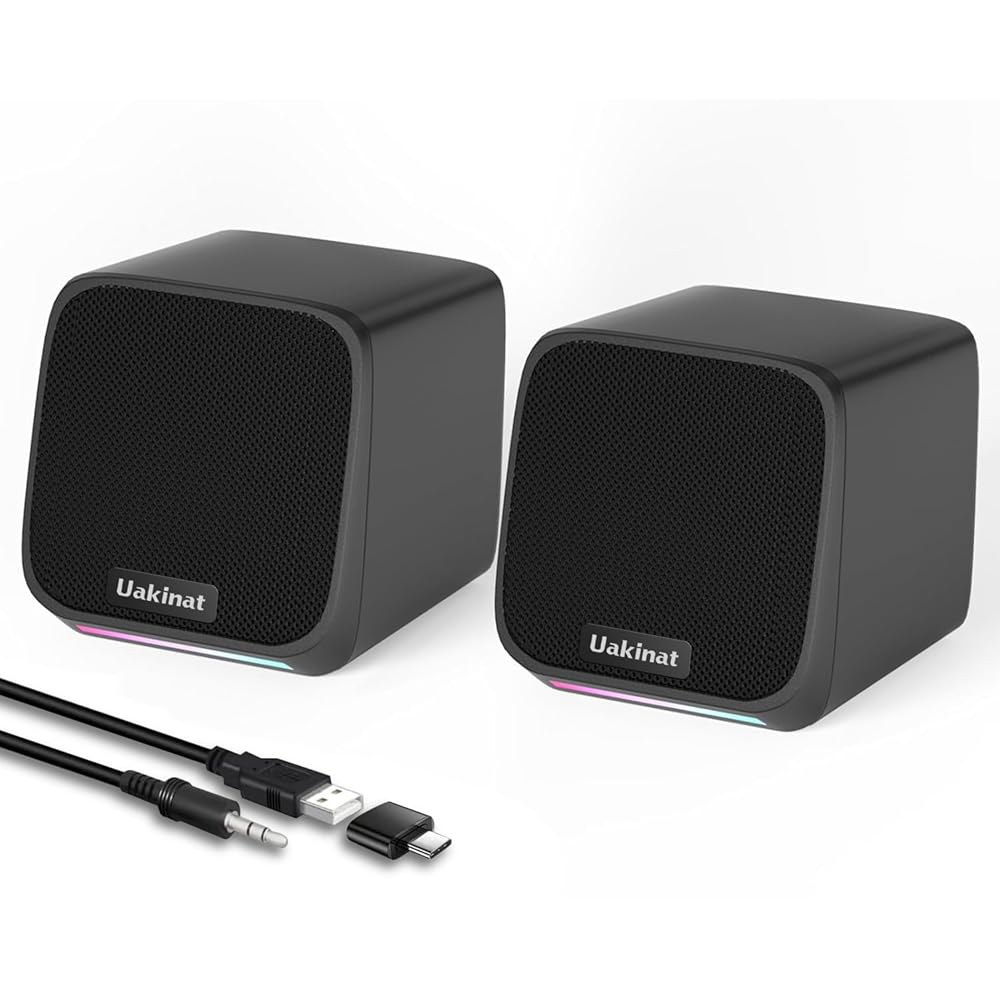 유키낫 컴퓨터 스피커, 컬러풀한 RGB 조명, USB로 구동되는 3.5mm 보조 미니 PC 소형 PC, 노트북, 태블릿, 휴대폰용 스피커 - 상품 이미지