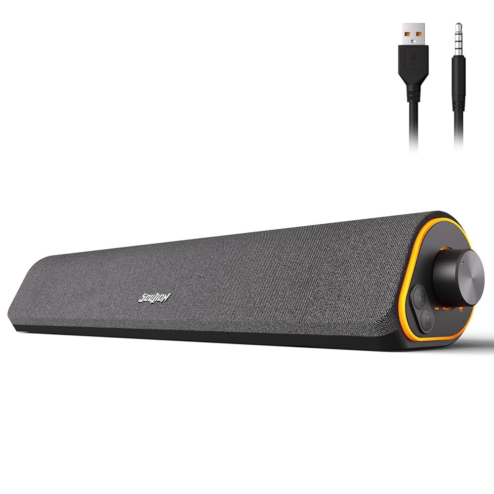 SOULION R50 블루투스 컴퓨터 스피커, 데스크톱 모니터용 3.5mm PC 사운드바, 스위치 버튼이 있는 유선 USB 전원 및 컬러풀 LED 조명, 컴퓨터용 서라운드 사운드바 - 상품 이미지