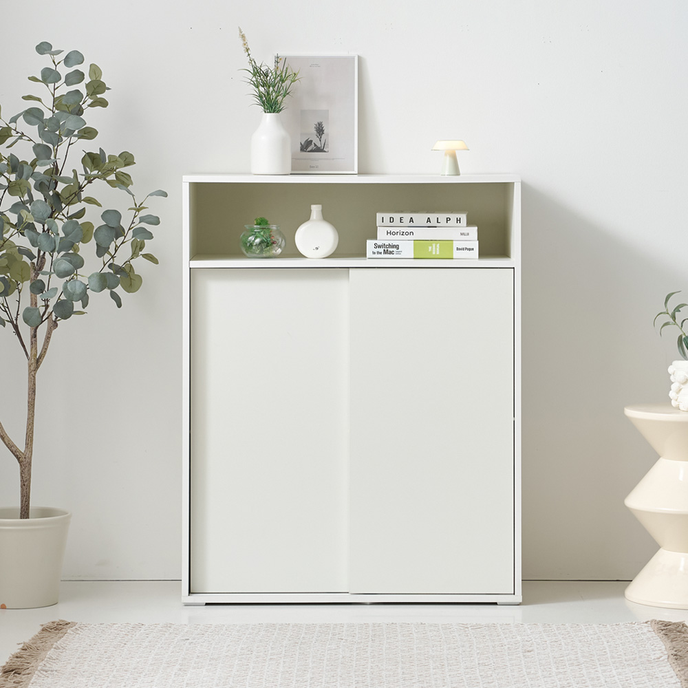 속깊은 슬라이딩 수납장 다용도 틈새 미닫이 상부오픈형 선반 800x400x1000mm, 4단, 화이트 - 상품 이미지