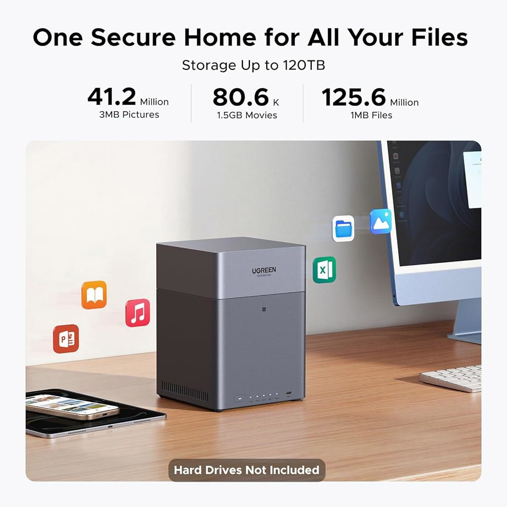 UGREEN NAS DH4300 플러스 4-Bay 데스크톱 NASync, 지원 용량 120TB, 원격 액세스, AI 사진 앨범, 초보자 친화적 시스템, 8GB LPDDR4X RAM - 상세 이미지 3
