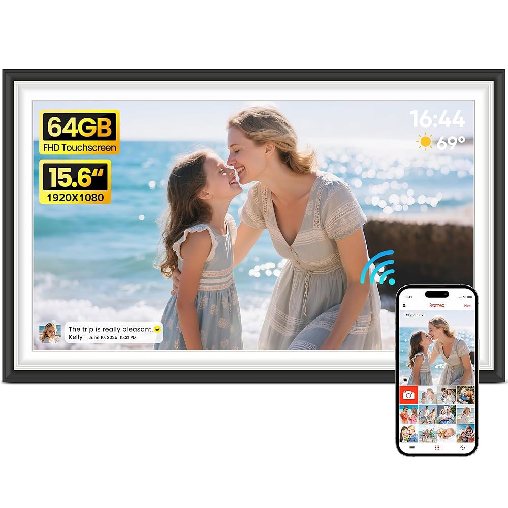 빅아수오 디지털 액자 15.6인치 WiFi 전자 사진 액자, 64GB 메모리 1920x1080 IPS FHD 터치스크린으로 부모님과 조부모님을 위한 선물을 즉시 어디서나 공유하세요 - 상품 이미지