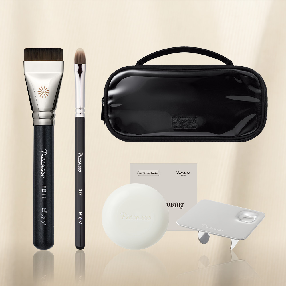 [피카소] 스킨 핏 베이스 브러쉬 5종 세트(FB11+258+더블 레이어 파우치+반지팔레트+미니솝) 제품 이미지