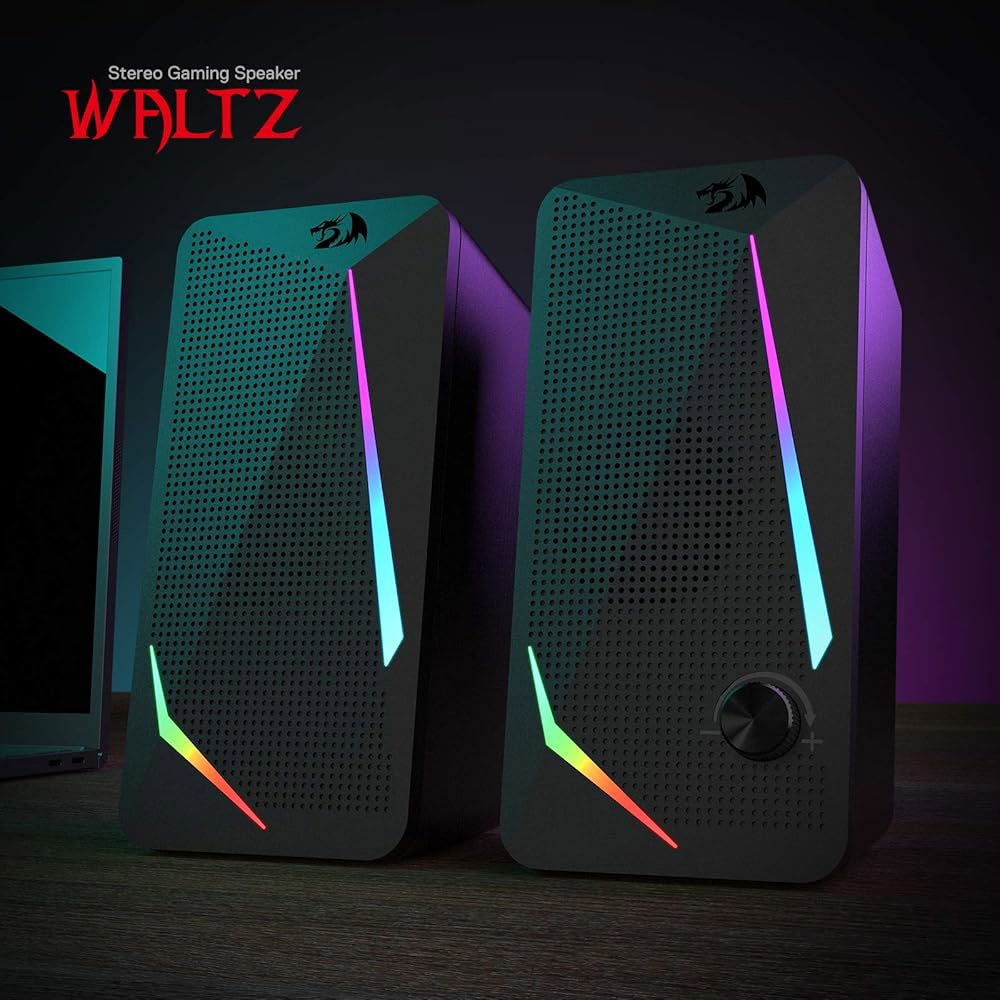 레드라곤 GS510 RGB 데스크탑 스피커, 4가지 컬러 LED 백라이트 모드를 갖춘 2.0채널 PC 컴퓨터 향상된 베이스 및 간편한 볼륨 조절, USB 전원 케이블 / 3.5mm - 상세 이미지 2