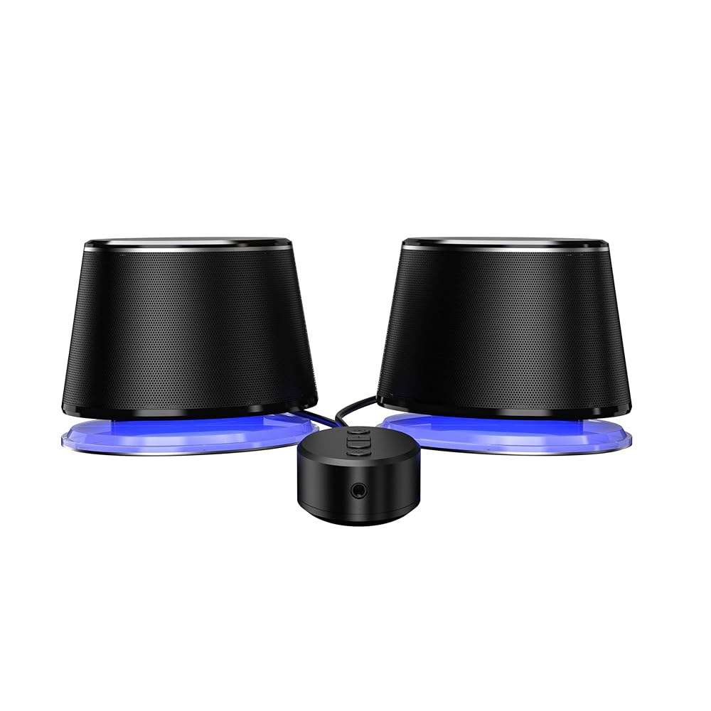 USB 3.0, LED 블루 조명, 볼륨 조절, 전원 공급, 2개 세트가 포함된 아마존 베이직 블루투스 컴퓨터 스피커 - 상세 이미지 3