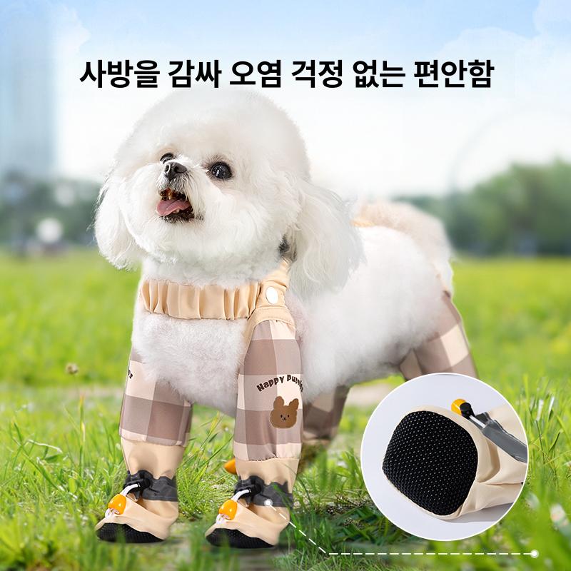 강아지일체형신발 강아지장화 논오프 레인부츠 로미브라운 체크무늬 S 등길이25cm1.5~3kg - 상세 이미지 3