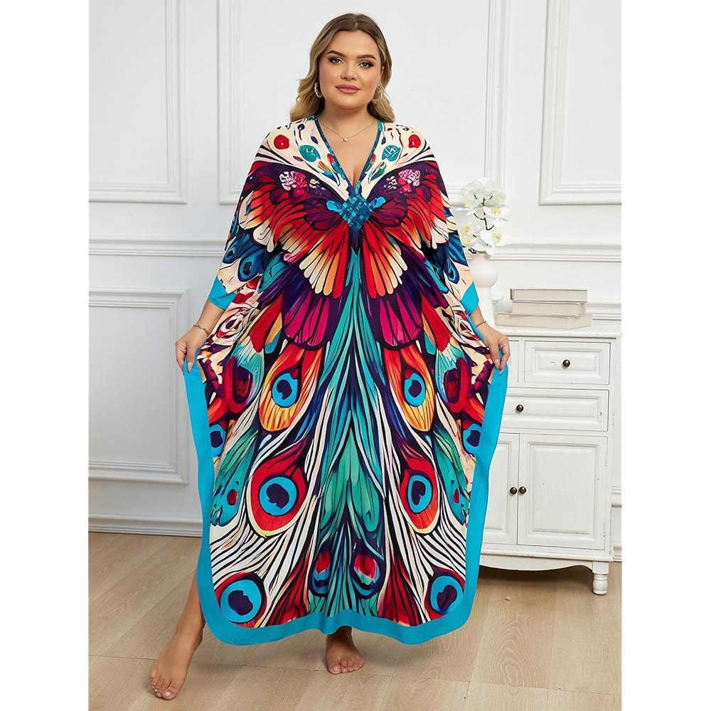 ELSCIRW Kaftan 여성용 드레스 플러스 커버업 원사이즈 브이넥 드레스, 맥시 배트윙 나비, 슬리브 하늘거리는 사이즈 공작 여름 비치 1 Abstract One Size - 상세 이미지 3