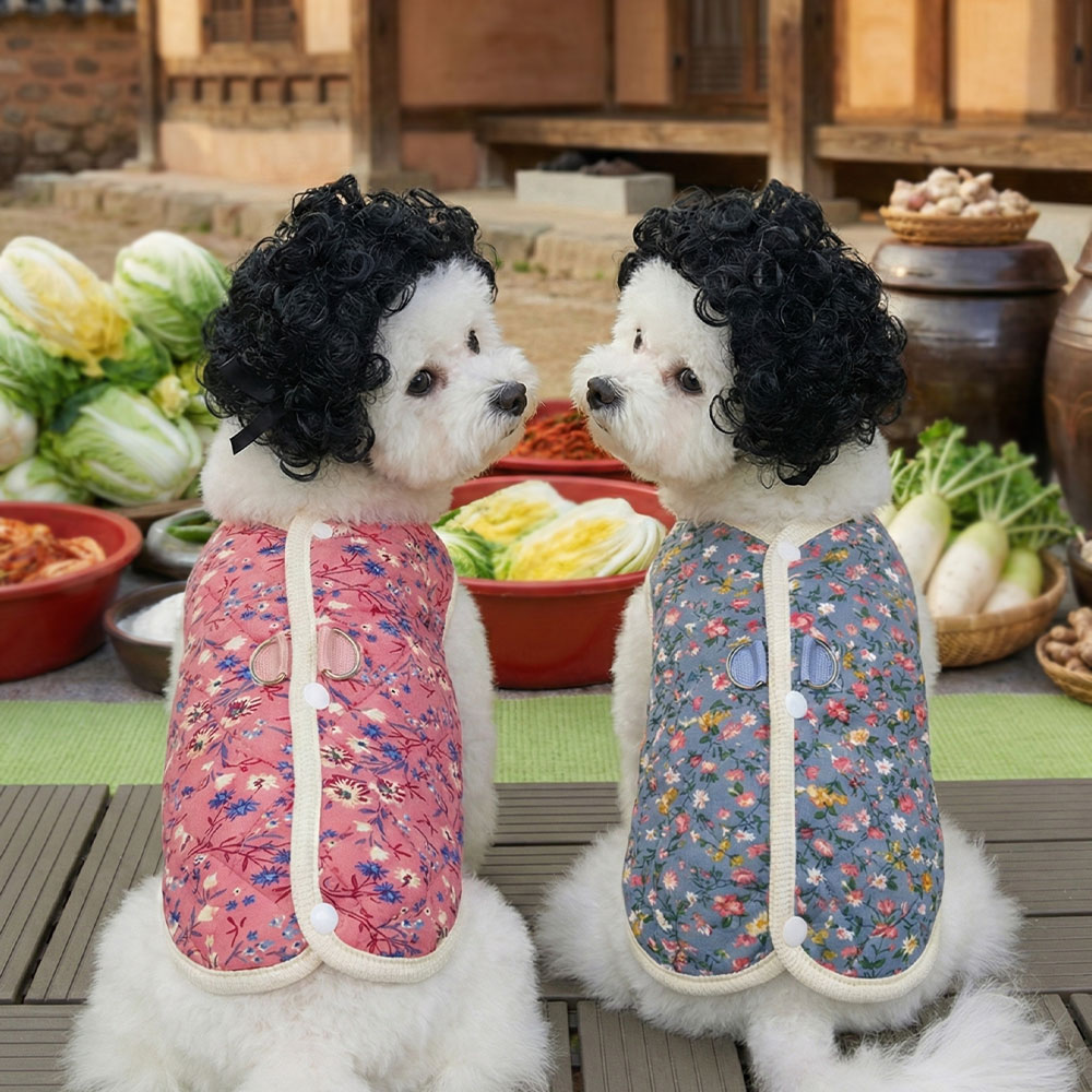 크레용펫 강아지 김장조끼 할머니 할매 꽃무늬 누빔 겨울 옷 - 상품 이미지