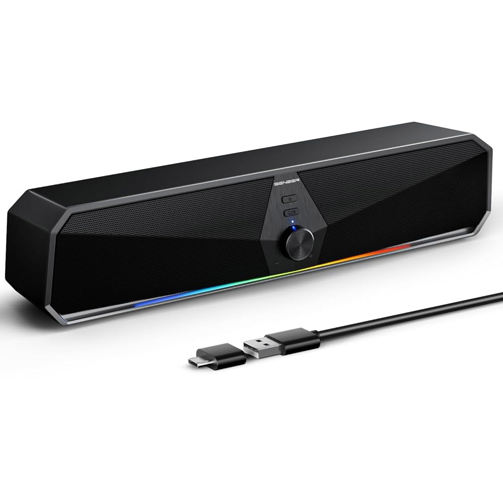 데스크톱용 SENZER CS30 블루투스 컴퓨터 스피커, USB 플러그 앤 플레이 PC 동적 LED 조명, 데스크톱 노트북 모니터용 스테레오 사운드 바(USB-C 어댑터 포함) - 상품 이미지