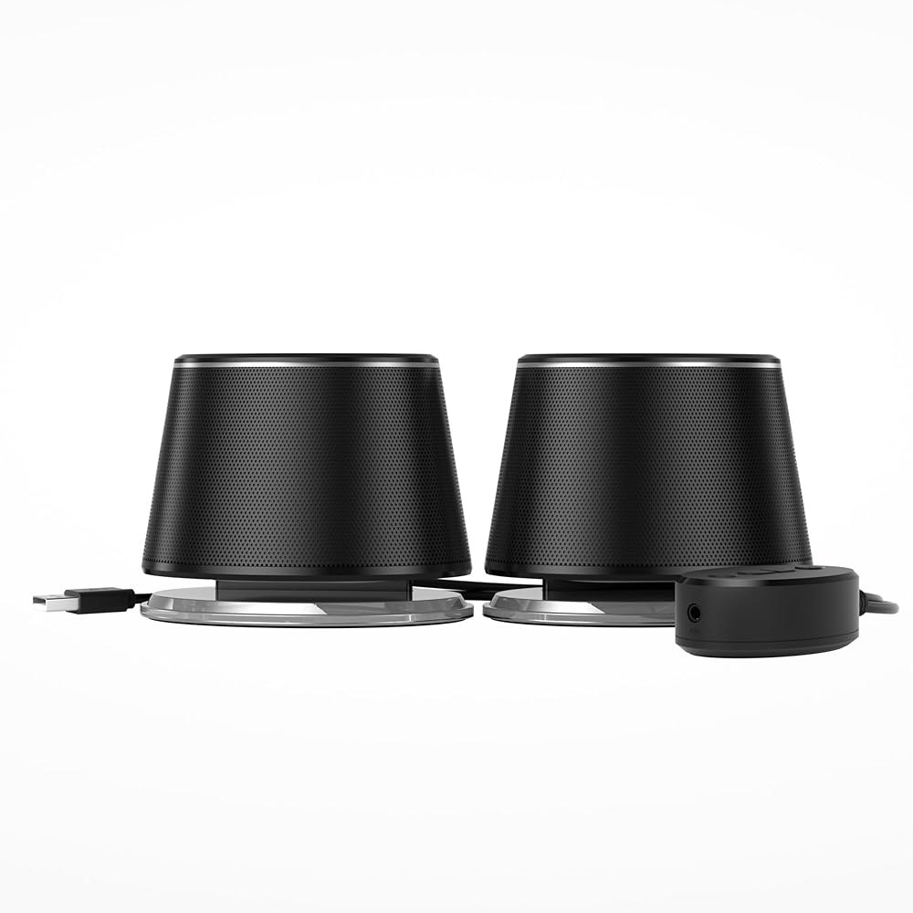 USB 3.0, LED 블루 조명, 볼륨 조절, 전원 공급, 2개 세트가 포함된 아마존 베이직 블루투스 컴퓨터 스피커 - 상품 이미지