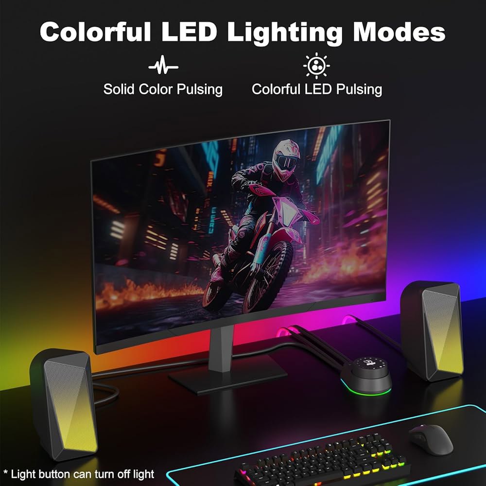 SOULION C30 컴퓨터 스피커, 데스크탑 모니터용 USB 전원 및 3.5mm AUX 블루투스 LED 불꽃 조명 간편한 제어 포드, 노트북 태블릿 폰용 게이밍 스피커 - 블랙 - 상세 이미지 3