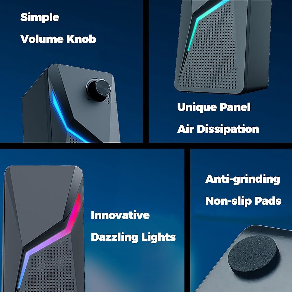 ROSON 컴퓨터 스피커, 향상된 저음 및 볼륨 조절 기능을 갖춘 PC 게이밍 스테레오 2.0 USB 전원 3.5mm 보조 멀티미디어 노트북/데스크탑/태블릿/폰용 - 상세 이미지 3