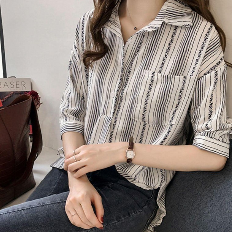7부 블라우스 예쁜 캐주얼 화이트 반팔 봄 - 상품 이미지