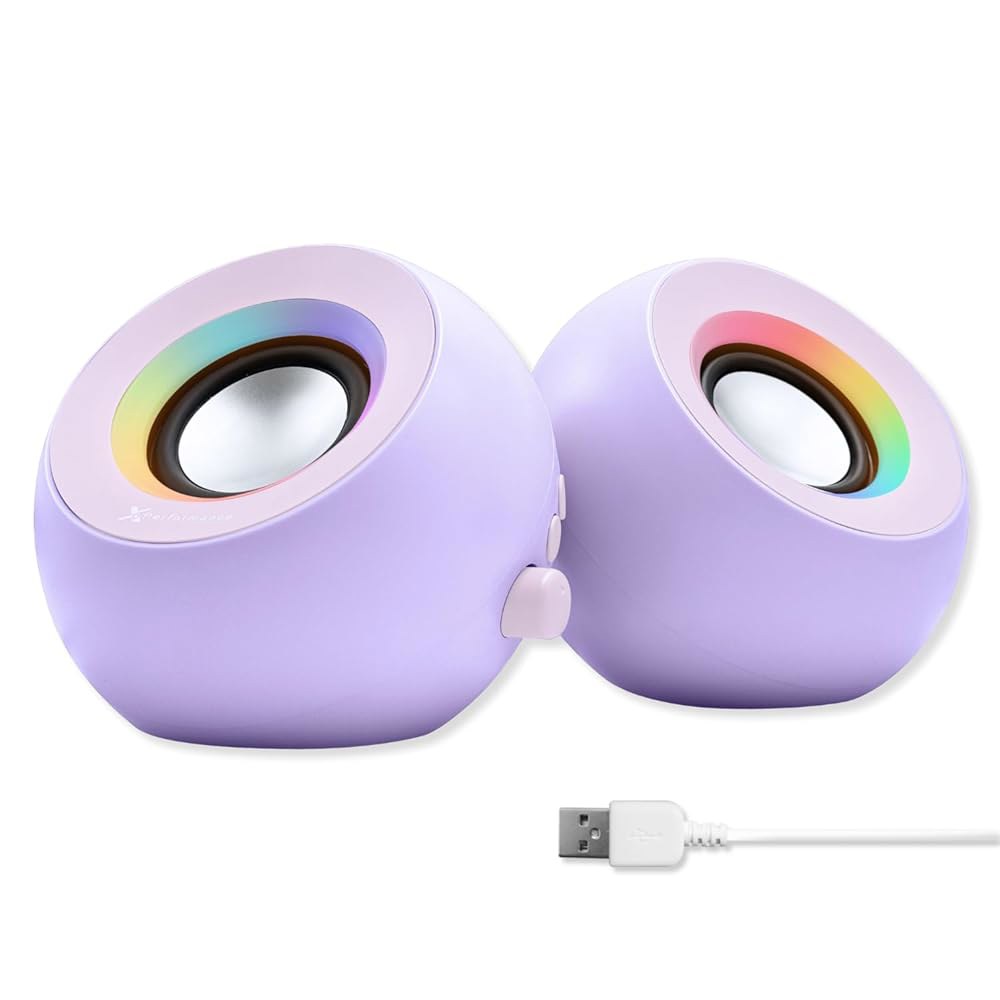 RGB 조명, 블루투스, USB, AUX를 지원하는 데스크톱 PC용 X9 퍼포먼스 퍼플 컴퓨터 스피커 - 트리플 모드 연결, 업무 및 놀이용 듀얼 2.25인치 드라이버 블루투스 - 상품 이미지
