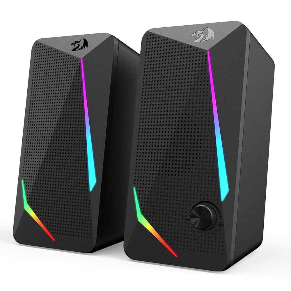 레드라곤 GS510 RGB 데스크탑 스피커, 4가지 컬러 LED 백라이트 모드를 갖춘 2.0채널 PC 컴퓨터 향상된 베이스 및 간편한 볼륨 조절, USB 전원 케이블 / 3.5mm - 상품 이미지