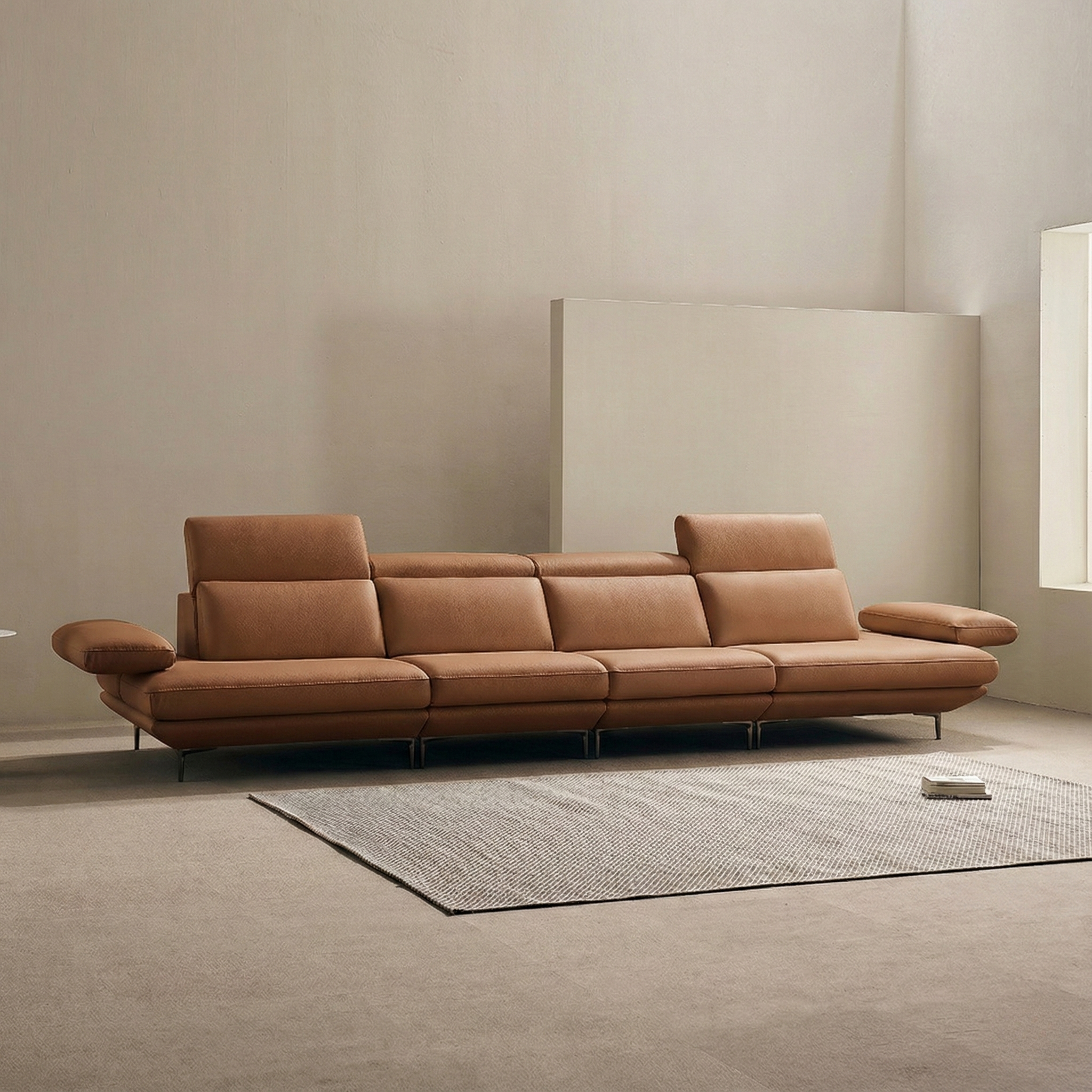 쉐우드가구 모담 이태리 천연통가죽 팔걸이 스윙 소파 카멜브라운, 6인용