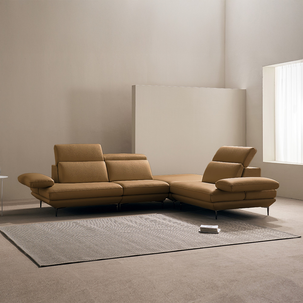 쉐우드가구 모담 이태리 천연통가죽 팔걸이 스윙 소파 밀키카멜, 코너형 6인용