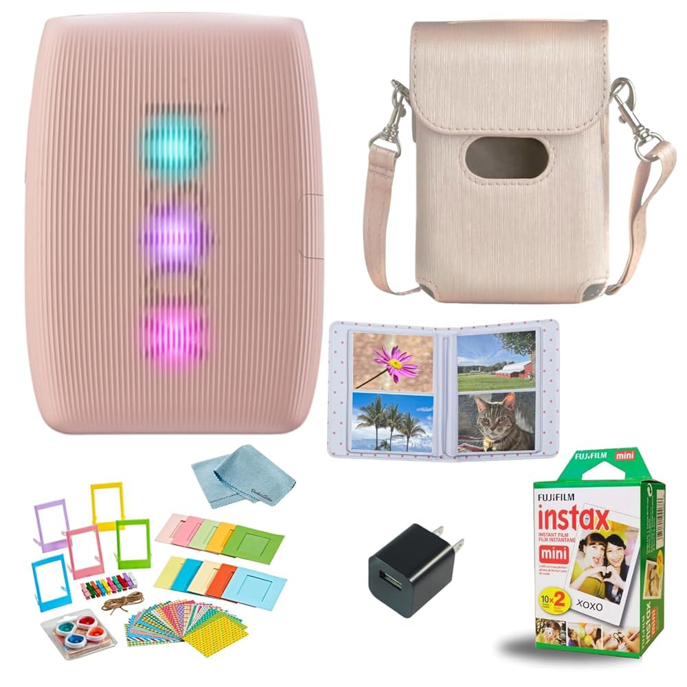 후지필름 INSTAX 미니 링크 3 스마트폰 프린터 + 즉석 필름 (20매) USB 월 충전기 블루버드 세일 여행 가방, 사진 앨범, 마이크로파이버 클리닝 천 (로즈 핑크) - 상품 이미지