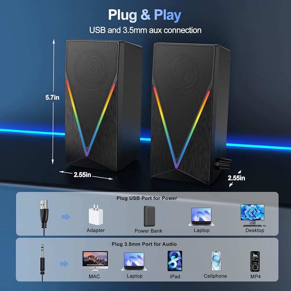 컴퓨터 스피커, 6가지 컬러 RGB 조명이 장착된 데스크톱 PC 헤드폰 잭, 향상된 저음 및 볼륨 조절, USB 전원 3.5mm 보조 게이밍 노트북 모니터 태블릿 폰용 - 상세 이미지 3