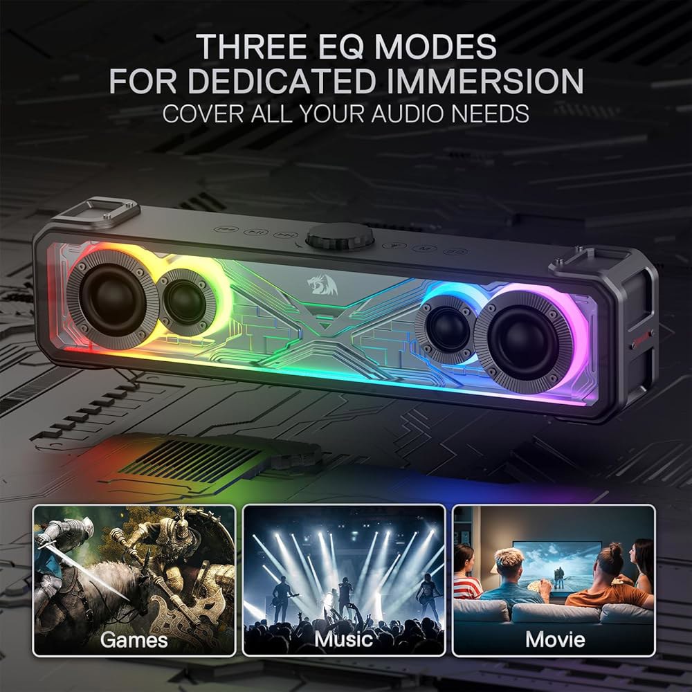 레드라곤 GS817 RGB 데스크탑 사운드바, 데스크탑용 2.0 채널 스테레오 스피커 / 대용량 30W 최대 전력, 터치 컨트롤, 블루투스 5.3 및 3.5mm AUX 입력, 블랙 - 상세 이미지 3