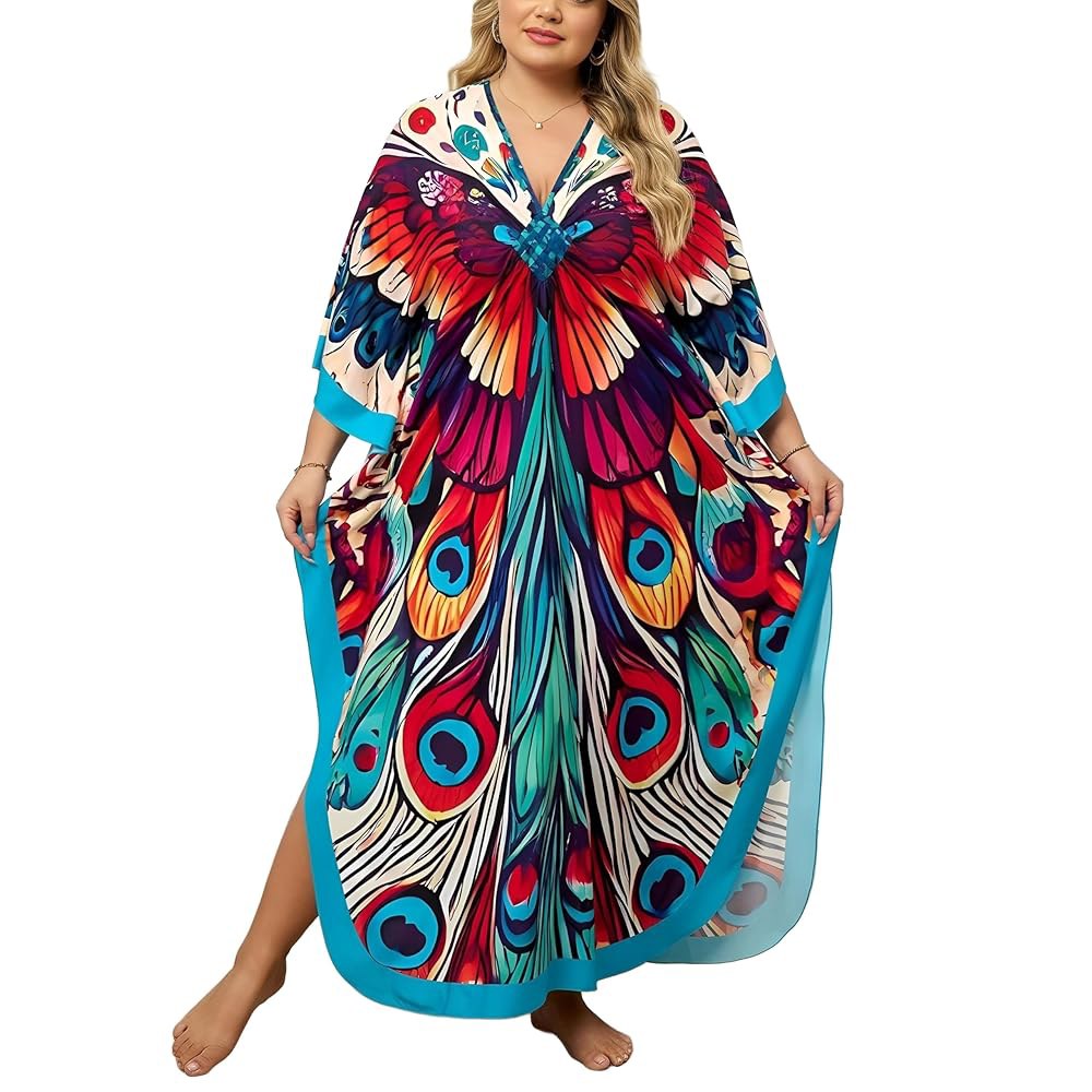 ELSCIRW Kaftan 여성용 드레스 플러스 커버업 원사이즈 브이넥 드레스, 맥시 배트윙 나비, 슬리브 하늘거리는 사이즈 공작 여름 비치 1 Abstract One Size - 상품 이미지