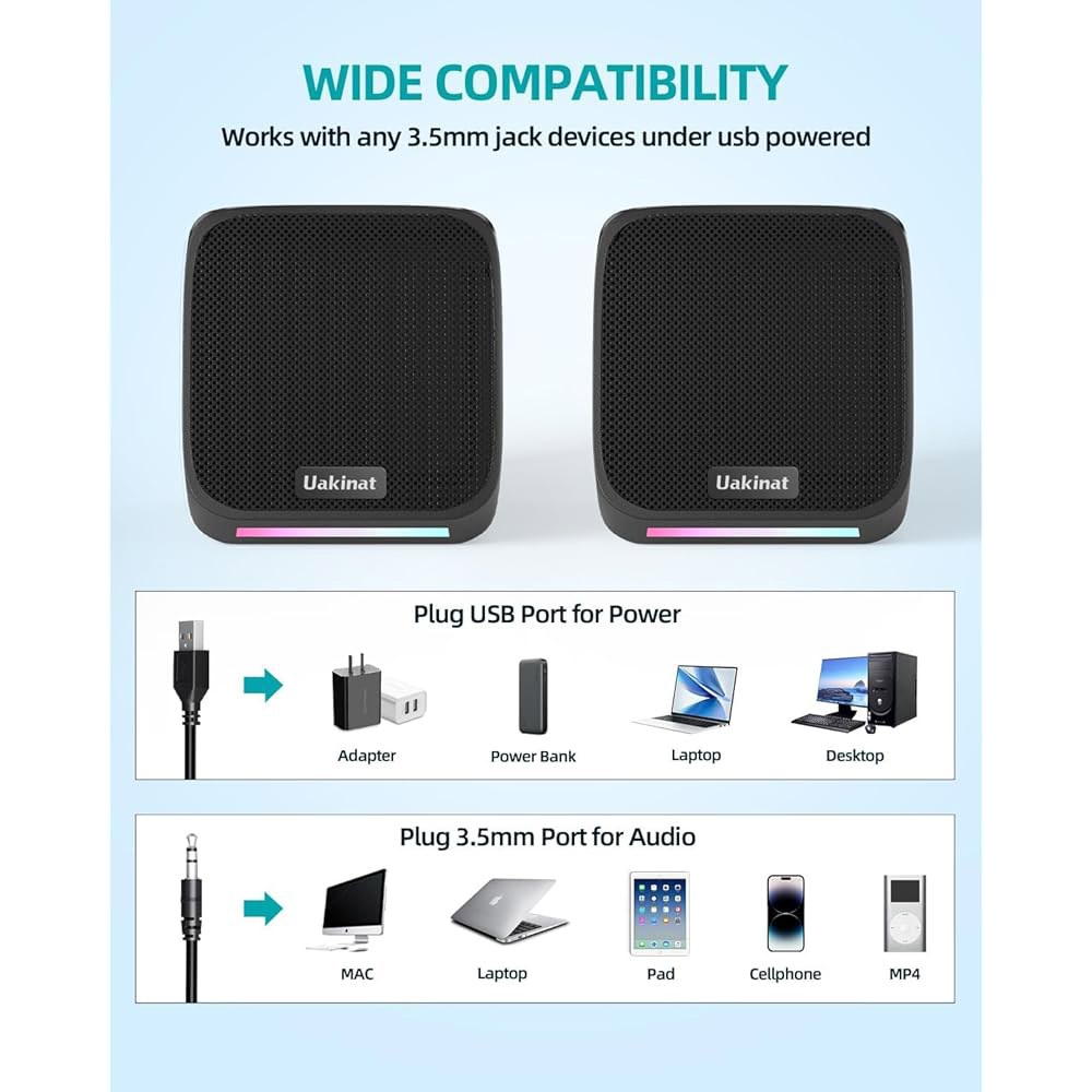 유키낫 컴퓨터 스피커, 컬러풀한 RGB 조명, USB로 구동되는 3.5mm 보조 미니 PC 소형 PC, 노트북, 태블릿, 휴대폰용 스피커 - 상세 이미지 3