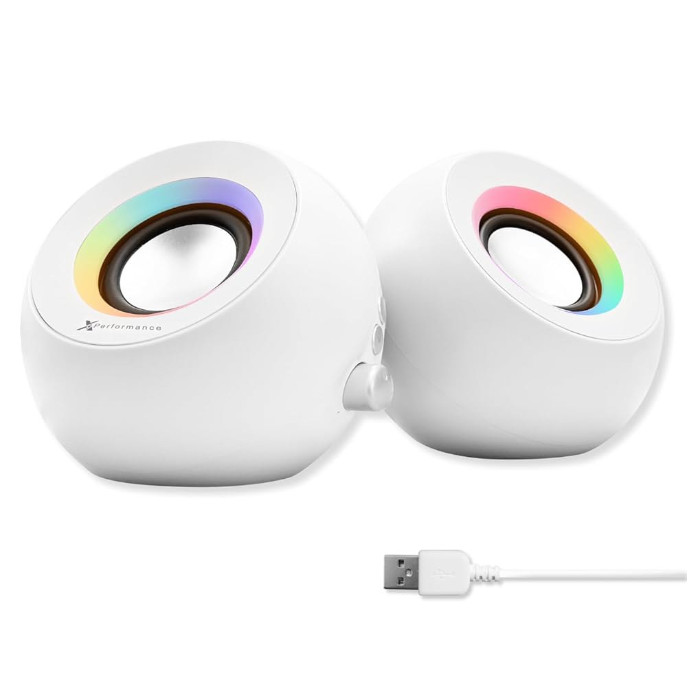 RGB 조명, 블루투스, USB, AUX를 지원하는 X9 퍼포먼스 화이트 컴퓨터 스피커 - 트리플 모드 연결, 업무 및 놀이용 듀얼 2.25인치 드라이버, PC용 블루투스 데스크톱 - 상품 이미지