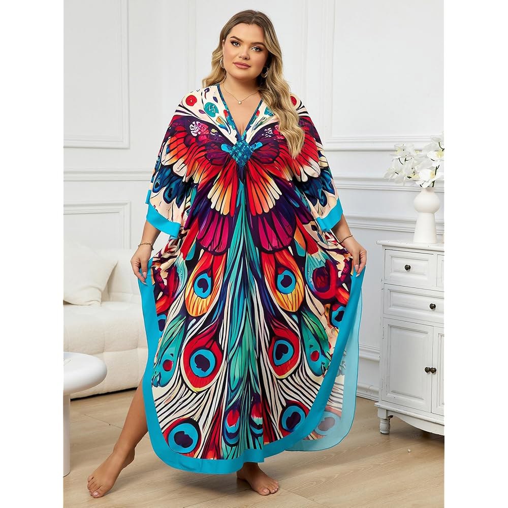 ELSCIRW Kaftan 여성용 드레스 플러스 커버업 원사이즈 브이넥 드레스, 맥시 배트윙 나비, 슬리브 하늘거리는 사이즈 공작 여름 비치 1 Abstract One Size - 상세 이미지 2