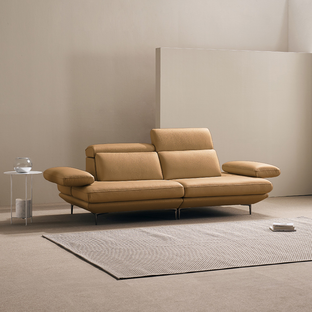 쉐우드가구 모담 이태리 천연통가죽 팔걸이 스윙 소파 밀키카멜, 3인용